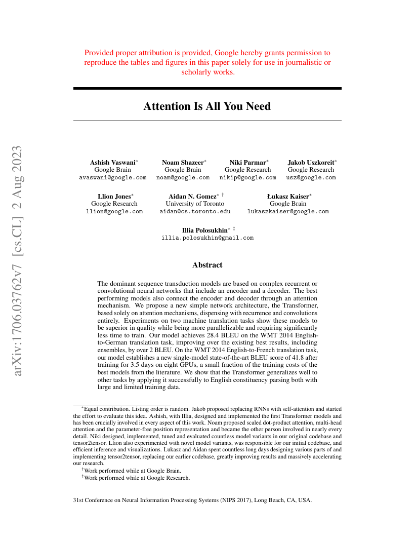 Erste Seite des Papers „Attention Is All You Need“, Vaswani et al., Google, NIPS 2017