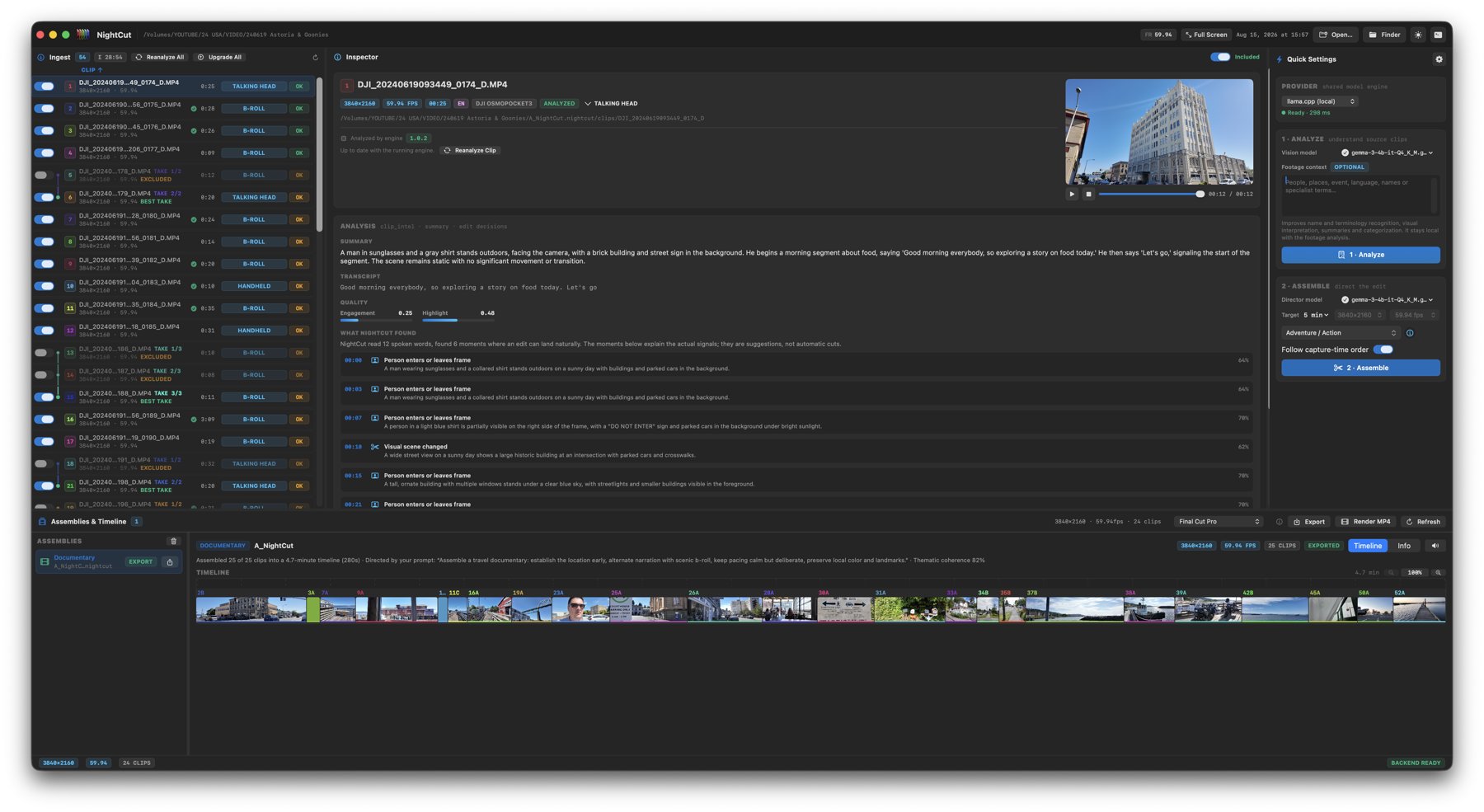 NightCut: overview with ingested clips, analysis of a single clip, and the assembled timeline