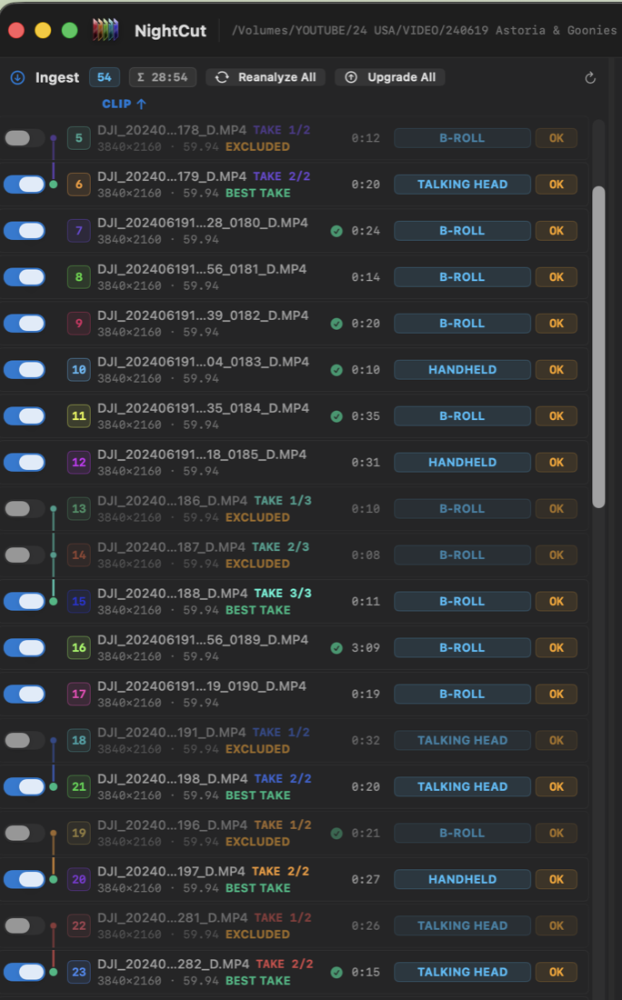 NightCut: list of ingested clips with resolution, length, and analysis status