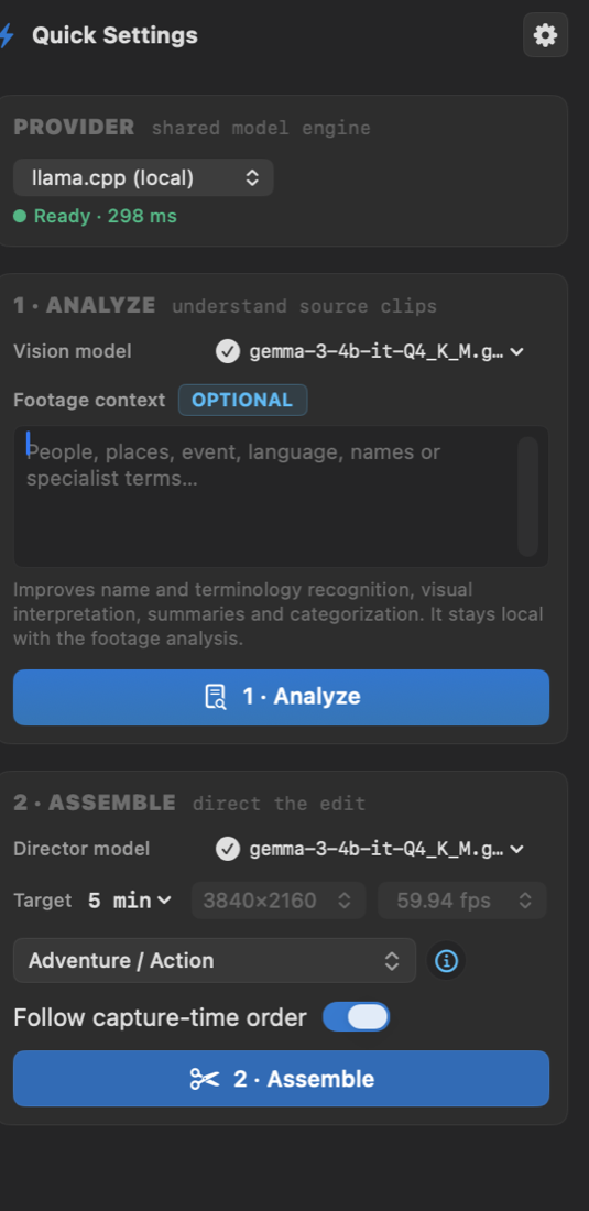 NightCut: settings for analysis and assembly with target length and style